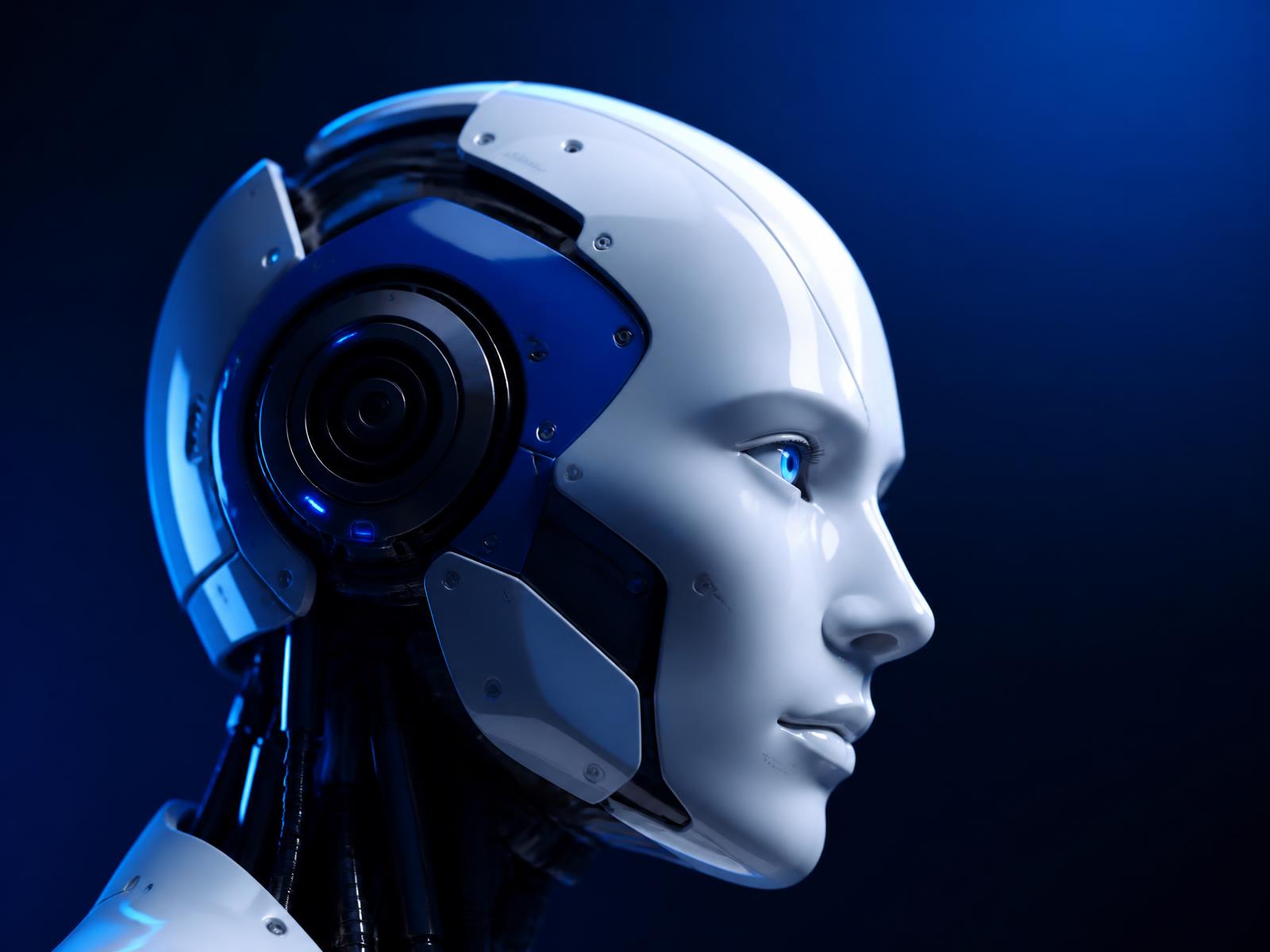 Robô humanoide com iluminação azul representando inteligência artificial